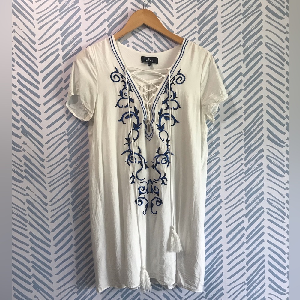 Blue White Embroidered Summer Dress Preppy Tennis Old Money Tassel Tie Large